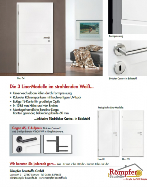 Die 3 Lino-Türen-Modelle im strahlenden Weiß