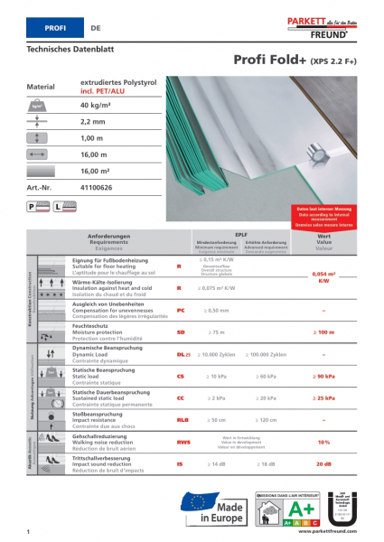 Parkettfreund Trittschalldämmung Profi Fold XPS 2.2 F+ 2,2 mm 1,00x16,00 m Faltplatte