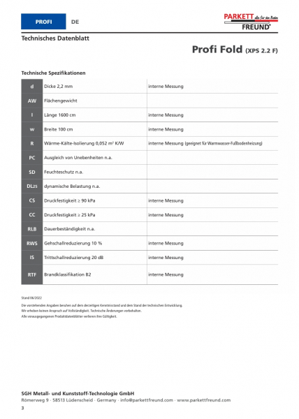 Parkettfreund Trittschalldämmung Profi Fold XPS 2.2 F 2,2 mm 1,00x16,00 m Faltplatte
